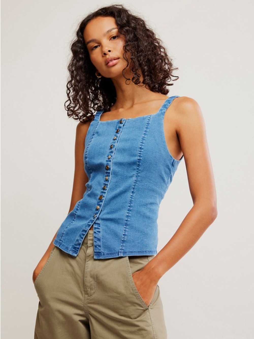 Free People -A Moment in Time- Denim Button-Front Tank Top sz. med- Blue